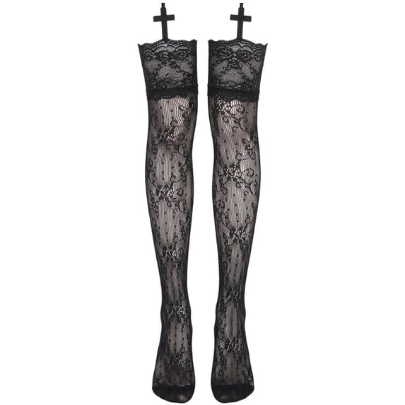 Black Lace Patterned Stockings with Cross Design Ultra-Thin Hollow Fishnet Tights Garter Belt Included Sexy Party Costume Accessory for Women