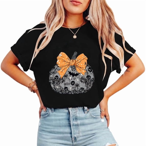 UNISHE Women's Halloween Pumpkin Bow Graphic Tee Spooky Hand Drawn Short Sleeve Fashion Top Festive Party Wear Black, M
