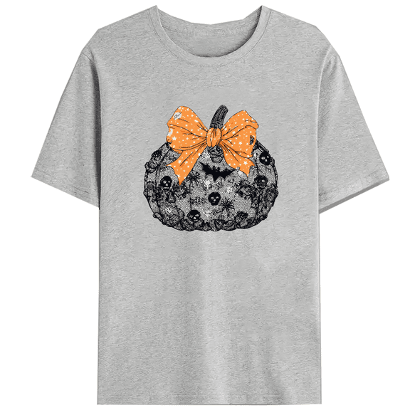 Black Lace Pumpkin Graphic Tees Coquette Halloween Print T-shirts Short Sleeve Casual Tops for Daily Outfits Cotton Shirts Thanksgiving Gift Gray,L