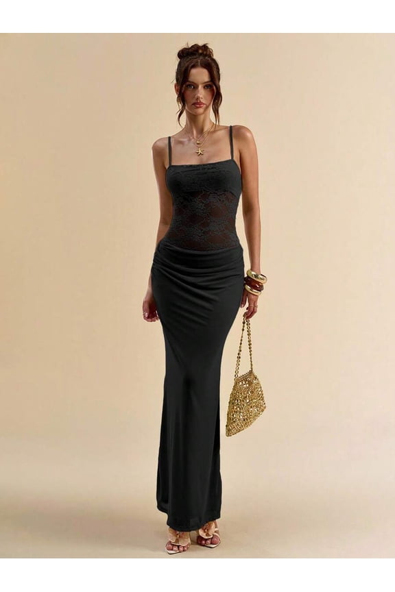 Black Lace Sheer Slip Maxi Dress With Ruched Waist And Spaghetti Straps