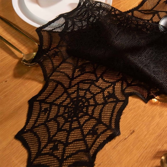 Black Lace Spider Web Polyester Table Runner,Spooky Halloween Table Dresser Scarf for Dining,Kitchen,Mantel,Fall Holiday Decor,72.05"x13.78"