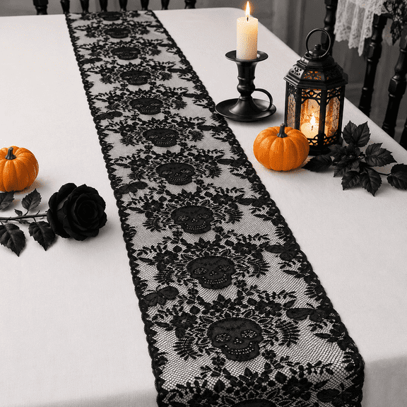 Black Lace-Style Skull Table Runner, Gothic Halloween Table Decoration for Dining Table, Buffet Setup, Party Decor, Mantel, and Spooky Home Display