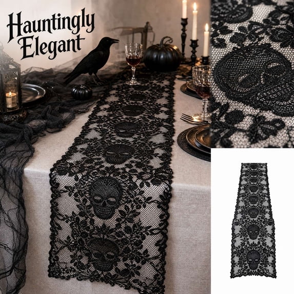 Black Lace Table Runner, 11.8 x 17.7 Inch Hollow Cutout Table Decor for Halloween Party, Spooky Holiday Tablecloth Decoration, 1Pack A