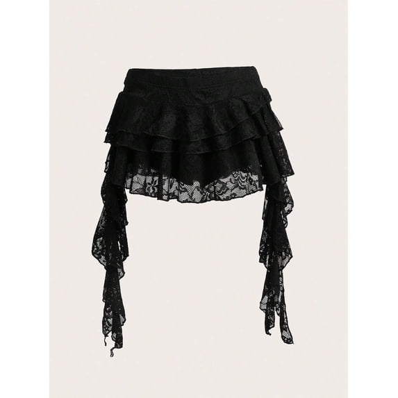 Black Lace Tiered Ruffle Mini Skirt With Asymmetrical Hem And Safety Shorts