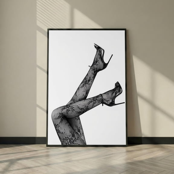 Black Lace Tights And High Heels Edgy Fashion Wall Art White Boudoir Dark Feminine Room Decor Modern Home Unframed Paper Print