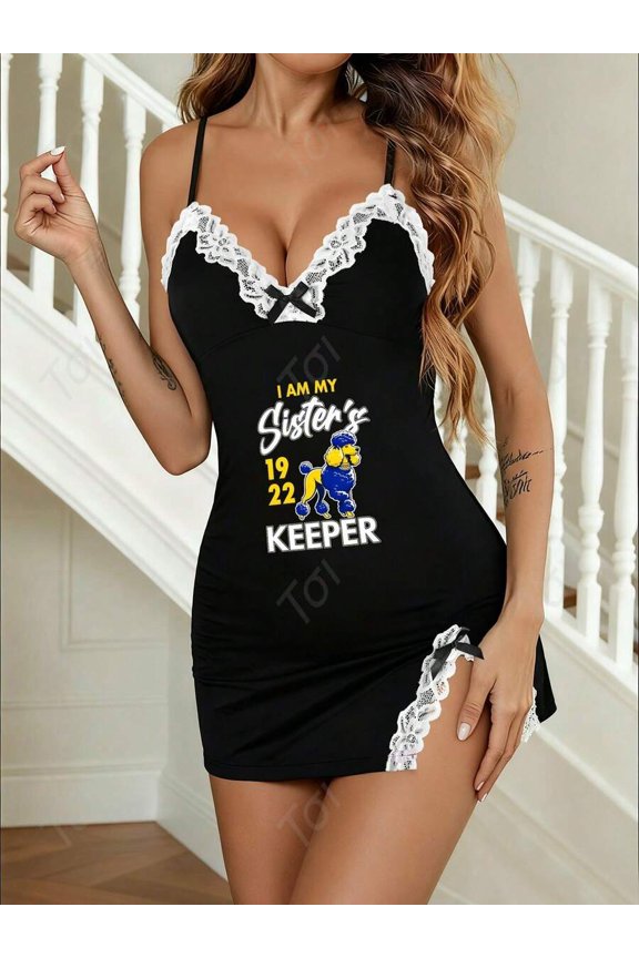 Black Lace Trim Sleep Dress With I Am My Sisters 1922 Keeper Print