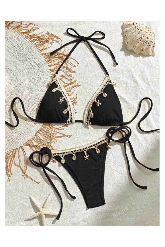 Black Lace Up Bikini - Deep V Swimsuit for Women - Sexy Beachwear Two Piece Bathing Suit - Adjustable Tie Sides - Casual Summer Vacation