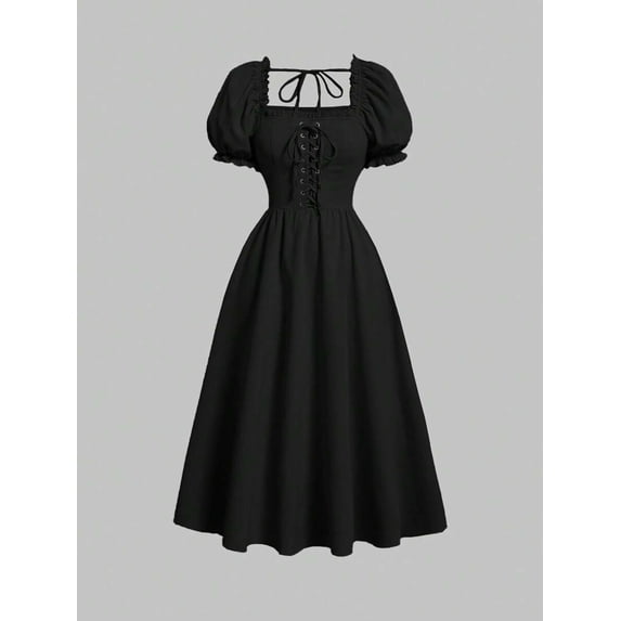 Black Lace-Up Front Puff Sleeve Square Neck Midi Dress, A-Line Fit, Solid Color, Romantic Vintage Style