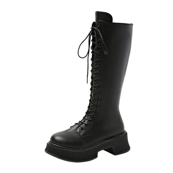Black Lace Up Knee High Boots Women Platform Heel For Comfortable Winter Wear