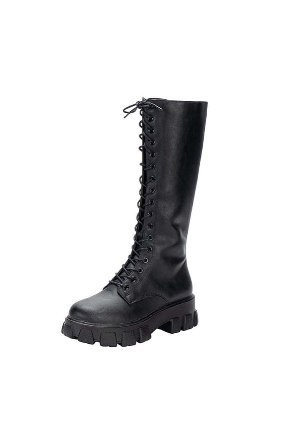 Black Lace Up Platform Boots For Women With Block Heel And Thick Sole Long Boots For Winter Wear Comfortable And Warm Perfect For Everyday Use