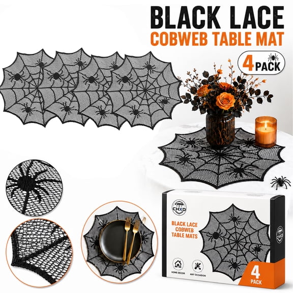 Black Laces Cobwebs Table Mats with Spiders Webs Pattern Placemat Home Accessory for Any Occasion Round Doily