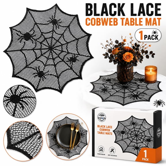 Black Laces Cobwebs Table Mats with Spiders Webs Pattern Placemat Home Accessory for Any Occasion Round Doily