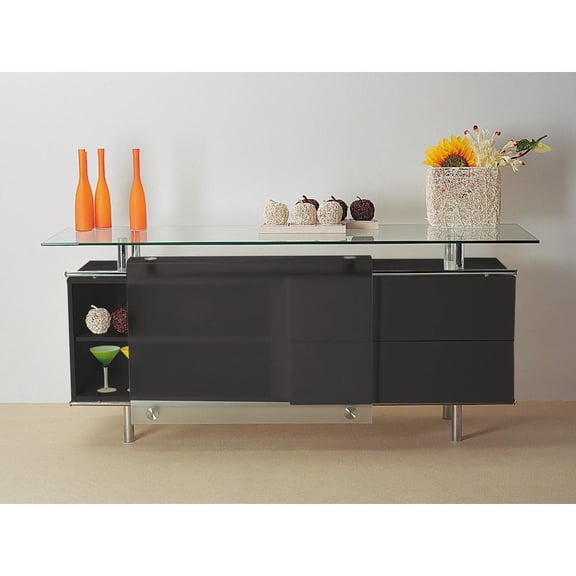 Black Lacquer Finish Wood Buffet with Frosted Sling Glass Door