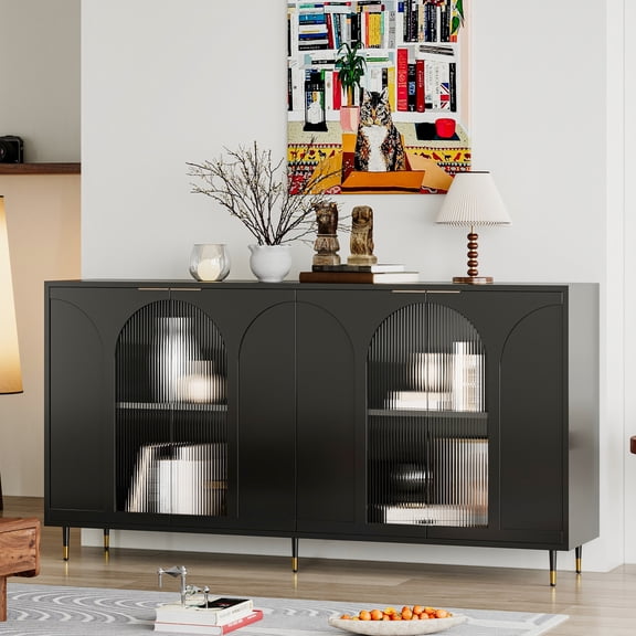 Black Lacquered MDF Cabinet with Adjustable Shelves and 4 Glass Doors - Ideal for Living Room, Office and Dining Room Storage