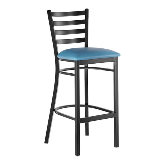 Black Ladder Back Metal Restaurant Barstool with Blue Vinyl Padded Seat - Commercial Quality Metal Restaurant Barstool
