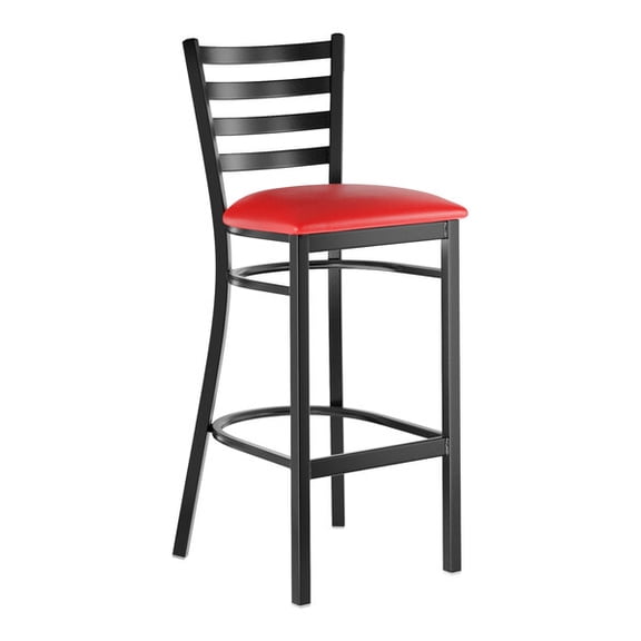 Black Ladder Back Metal Restaurant Barstool with Red Vinyl Padded Seat - Commercial Quality Metal Restaurant Barstool