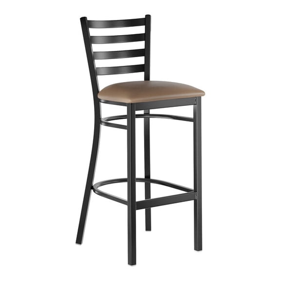 Black Ladder Back Metal Restaurant Barstool with Taupe Vinyl Padded Seat - Commercial Quality Metal Restaurant Barstool