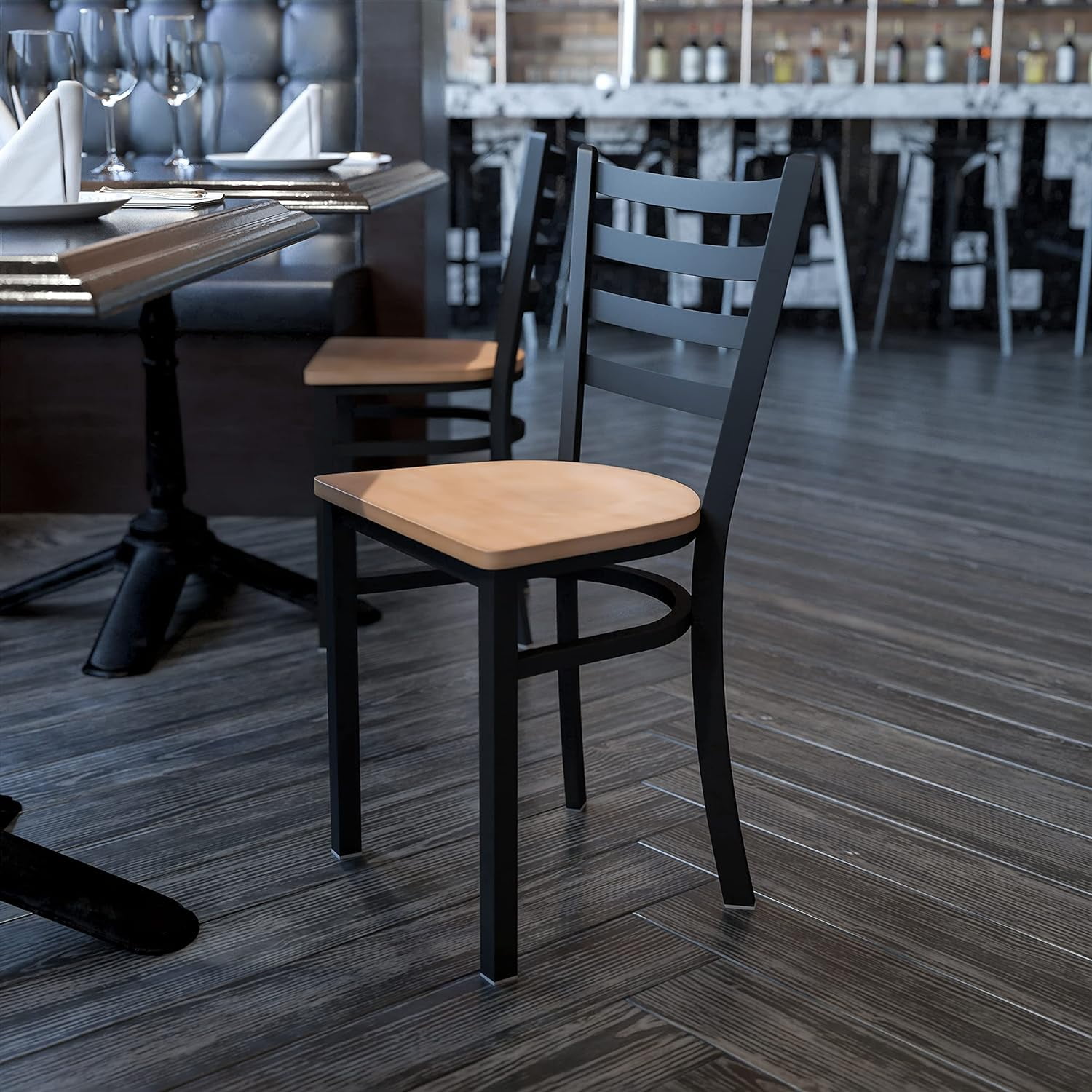 Natural Wood Seat Black Metal Ladderback Side Chair