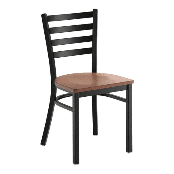 Black Ladder Back Metal Restaurant Chair with Vintage Walnut Wood Seat - Commercial Quality Metal Restaurant Chair