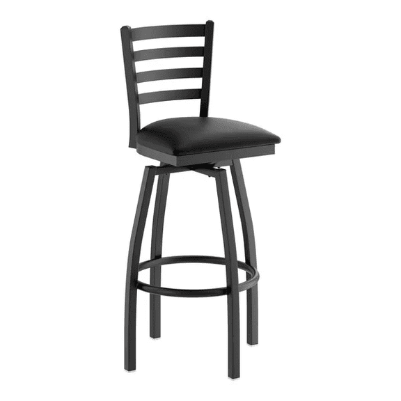 Black Ladder Back Swivel Metal Restaurant Barstool with Black Vinyl Padded Seat - Commercial Quality Metal Restaurant Barstool