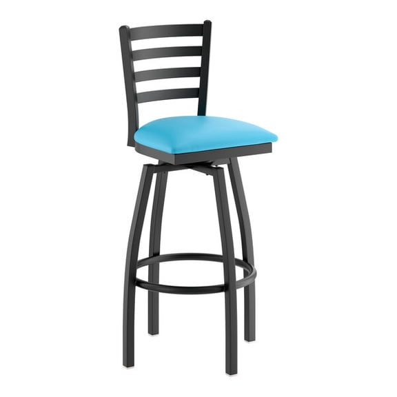 Black Ladder Back Swivel Metal Restaurant Barstool with Blue Vinyl Padded Seat - Commercial Quality Metal Restaurant Barstool
