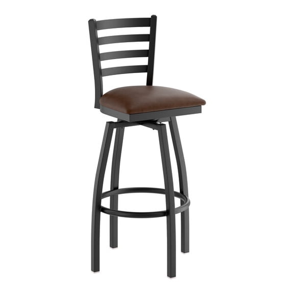 Black Ladder Back Swivel Metal Restaurant Barstool with Dark Brown Vinyl Padded Seat - Commercial Quality Metal Restaurant Barstool