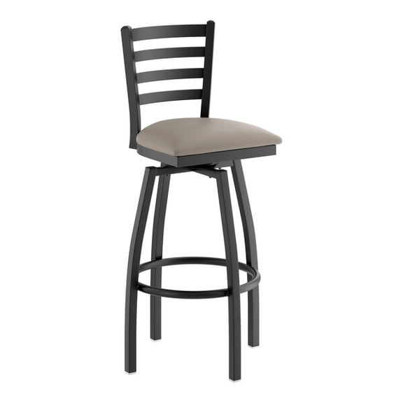 Black Ladder Back Swivel Metal Restaurant Barstool with Dark Gray Vinyl Padded Seat - Commercial Quality Metal Restaurant Barstool