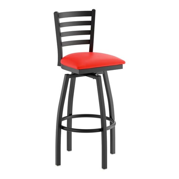 Black Ladder Back Swivel Metal Restaurant Barstool with Red Vinyl Padded Seat - Commercial Quality Metal Restaurant Barstool