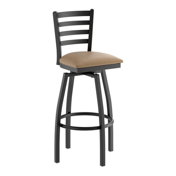 Black Ladder Back Swivel Metal Restaurant Barstool with Taupe Vinyl Padded Seat - Commercial Quality Metal Restaurant Barstool