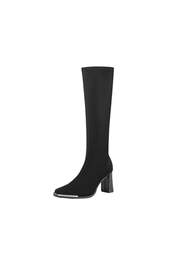 Black Ladie'S Mid Calf Boots Vintage Metal Toe Block Heel Thick Sole Fall Winter Comfortable Height Boost Casual Footwear For Daily Outdoor Wear Size 37