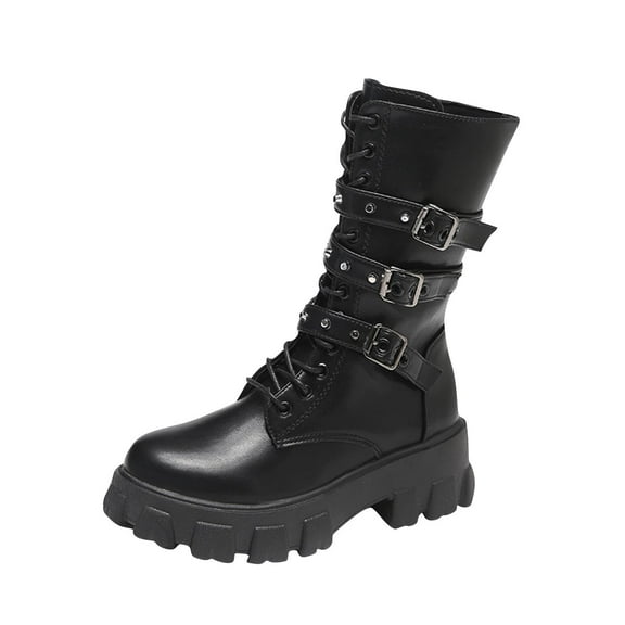 Black Ladies Ankle Boots With Belt Buckle And Lace-Up For A Stylish And Comfortable Casual Shoe Option