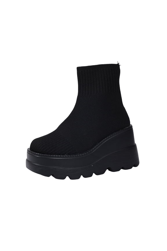 Black Ladies Ankle Boots With Round Toe Elastic Stretch Panel Thick Wedge Sole For Casual Winter Indoor Outdoor Everyday Wear Size 39