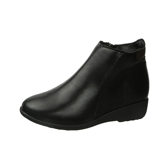 Black Ladies Ankle Boots With Side Zipper Round Toe And Wedge Heel For Winter Wear Comfortable And Functional For Outdoor Activities
