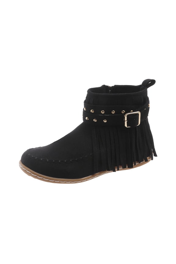 Black Ladies Ankle Boots With Tassel Flat Sole Side Zipper Winter Casual Wear Comfortable Design For Outdoor And Leisure Activities Size 36
