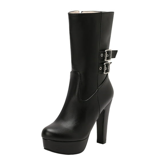 Black Ladies Ankle Boots With Thick High Heel And Double Buckle Design Comfortable And Fashionable For Cool Weather
