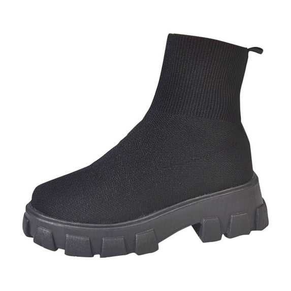 Black Ladies Ankle Sock Boots Winter Mesh Elastic Short Tube Round Toe Chunky Low Heel Solid Color Non-Slip Warm Casual Daily Wear Footwear Size 40