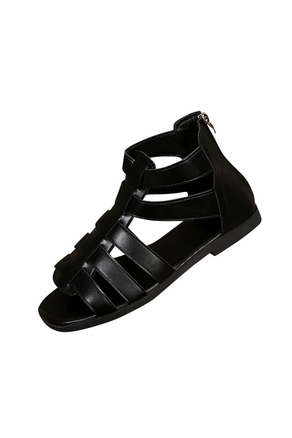 Black Ladies Beach Comfy Spring Summer Style Roman Sandals Square Head Open Toe Rear Zipper Flat Sandals For Everyday Use