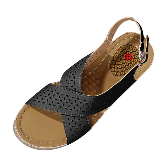 Black Ladies Beach One Line Buckle Round Toe Open Toe Sandals With Wedge Heel Thick Sole Design Great For Spring Summer Beach Parties And Casual Wear