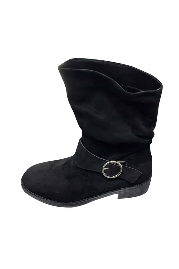 Black Ladies Belt Buckle Ankle Boots With Chunky Heel For Knee High Casual Fall Winter Wear