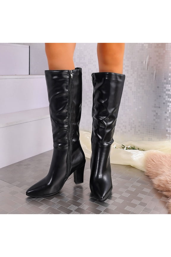 Black Ladies Boots Chunky Heel Mid-Calf Comfortable Thick Sole Warm Casual Stylish Fall Winter Versatile Non-Slip Wear-Resistant Long Shaft Boots Size 36