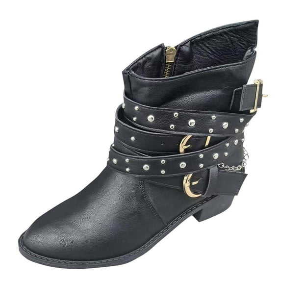 Black Ladies Boots Low Heel Textured Buckle And Chain Decor Cool Casual Style Fall Winter Solid Color Non-Slip Daily Fashion Walking Boots Size 36