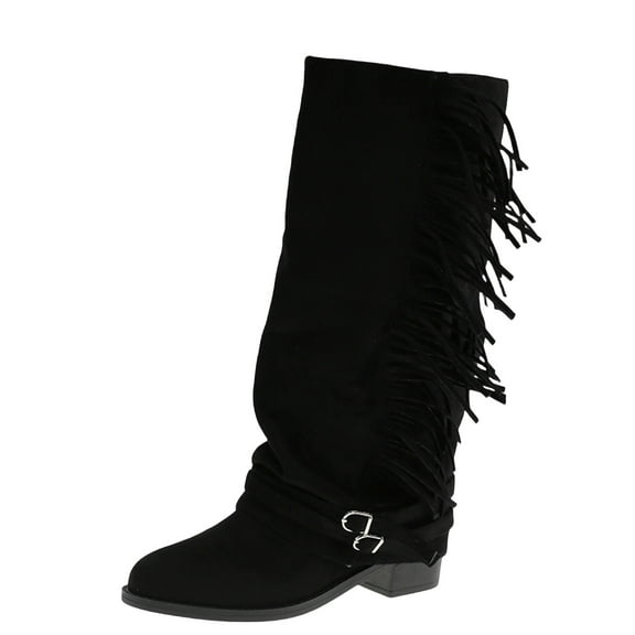 Black Ladies Boots With Piled-Up Heel And Pleated Detail Ideal For Cool Weather Comfortable And Chic