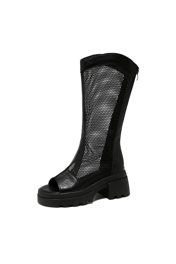 Black Ladies Breathable Hollow Out Heeled Sandals Mesh Round Toe Open Toe Back Zipper Chunky Heel Spring Summer Casual Booties
