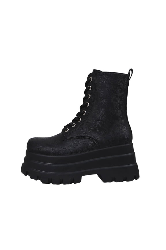 Black Ladies British Style Ankle Boots Pattern Round Toe Lace Up Thick Sole Solid Casual