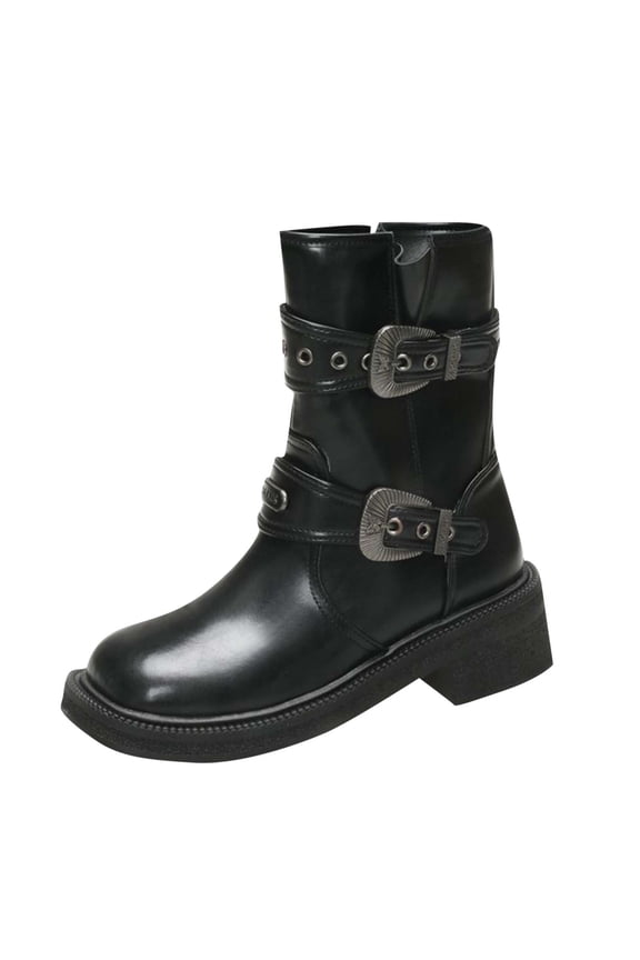 Black Ladies Buckle Ankle Boots For Fashionable Casual Fall And Winter Short Wear