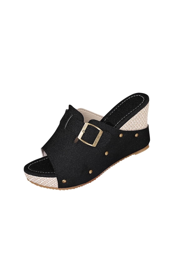 Black Ladies Buckle Strap Straw Wedge Sandals Slip-On Design For Spring Summer Casual Plus-Size Comfortable Flock