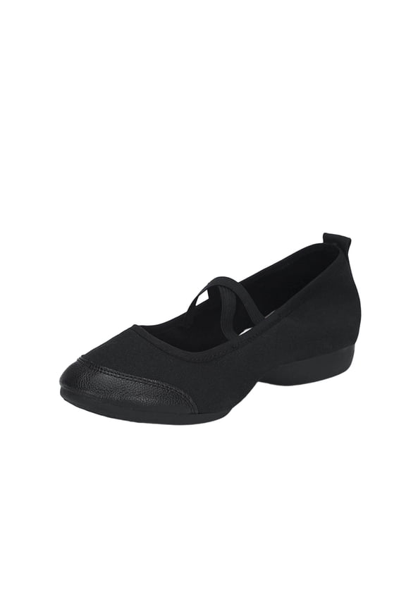 Black Ladies' Canvas Practice Footwear With Leather Toe And Mid Heel For Latin Dance