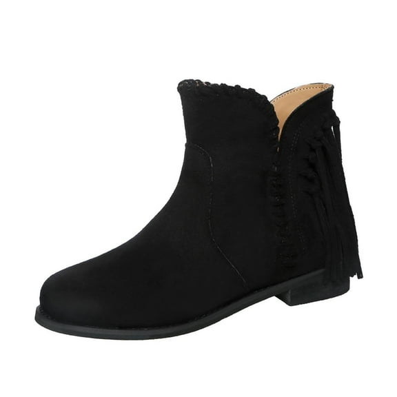 Black Ladies Casual Boots Cool Style Solid Color Suede Tassel Low Heel Ankle For Daily Use