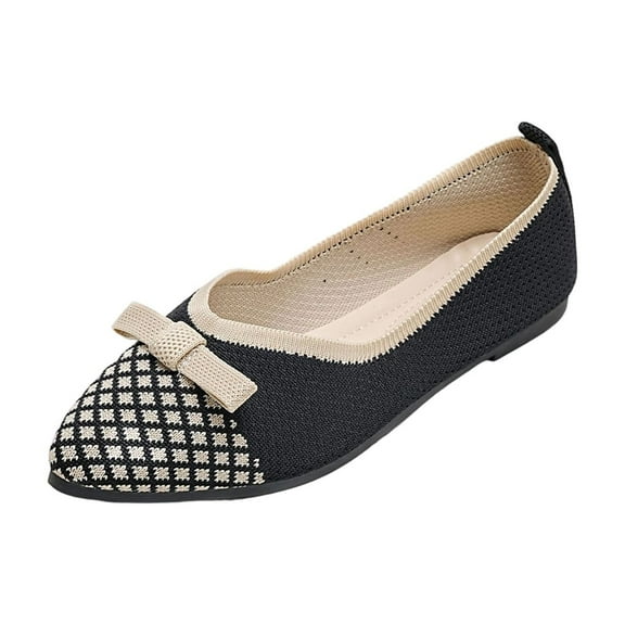 Black Ladies Casual Bow Accent Pointed Toe Flat Shoes Comfortable Fit For Walking And Everyday Wear