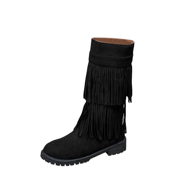 Black Ladies Casual Fashion Winter Solid Color Versatile Tassel Western ...